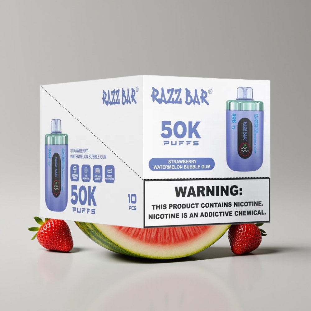 Razz Bar 50K Puffs سيجارة إلكترونية للاستخدام مرة واحدة - فراولة بطيخ علكة فقاعية، 50000 نفخة، شحن Type-C، 2% نيكوتين