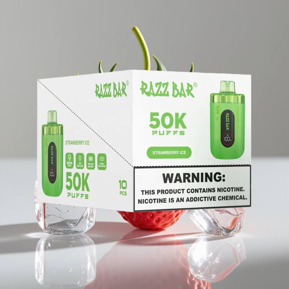 Razz Bar 50K Puffs سيجارة إلكترونية للاستخدام مرة واحدة - فراولة آيس - 650 مAh بطارية - 2% نيكوتين - Type-C شحن