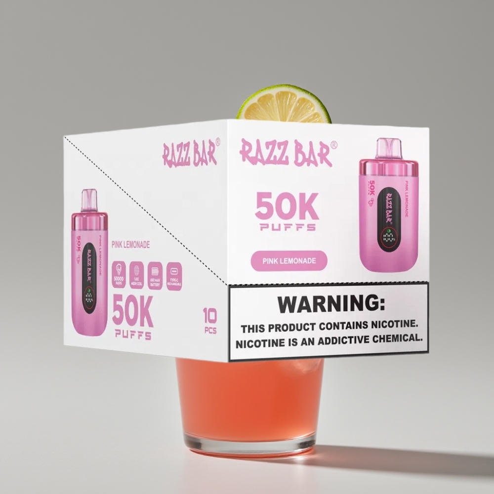 Razz Bar 50K Puffs سيجارة إلكترونية للاستخدام مرة واحدة Pink Lemonade - 650 Mah Battery - Type-C Rechargeable - 2% Nicotine